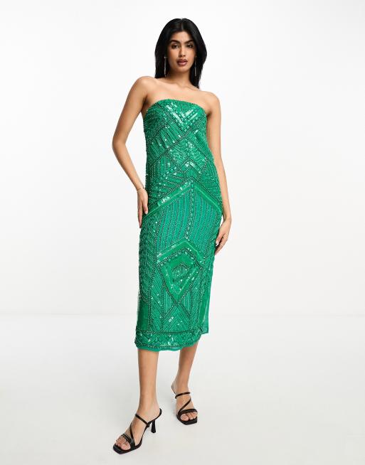 ASOS Design Floral Appliqué Fringe Midi Dress in Medium Green