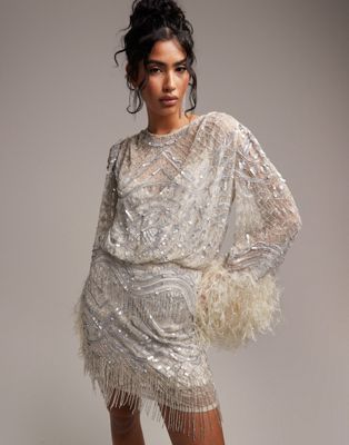 ASOS DESIGN embellished mini wedding dress with fringe cuff in ivory