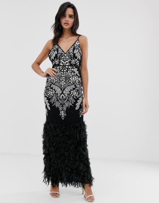 Asos design embellished sequin maxi 2025 dress with faux feather trim