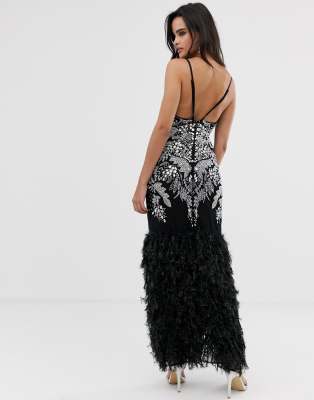 asos design embellished sequin maxi dress with faux feather trim