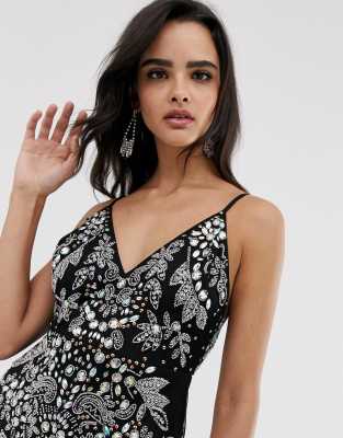 asos design embellished sequin maxi dress with faux feather trim
