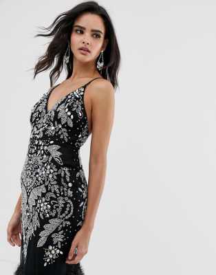 asos design embellished sequin maxi dress with faux feather trim