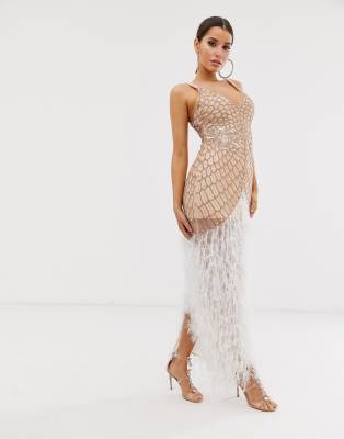 asos design embellished sequin maxi dress with faux feather trim