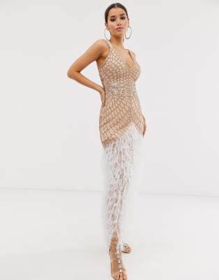 asos design embellished sequin maxi dress with faux feather trim