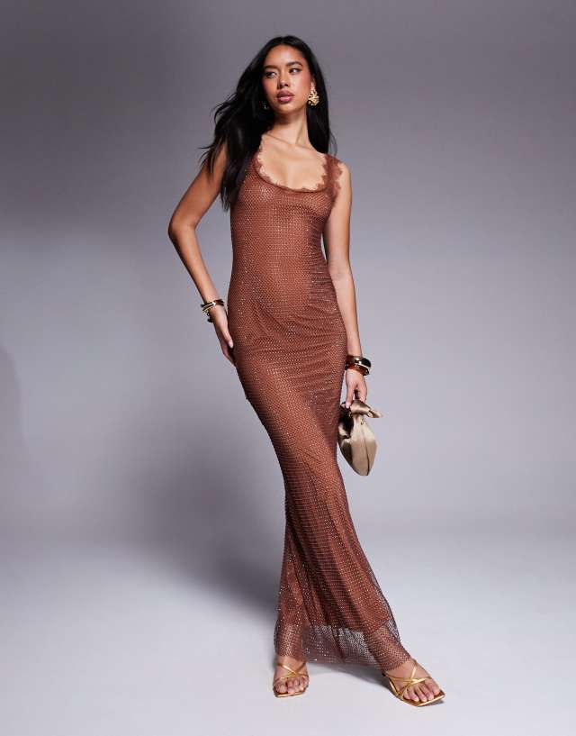 brown fishnet dress ASOS DESIGN embellished hotfix maxi with super scoop neck and lace trim in chocolate black dress from fashion turning floor pattern_Jacquard Color:mint-green