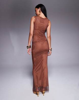 Asos Design Embellished Fishnet Hotfix Maxi Dress With Super Scoop Neck And Lace Trim