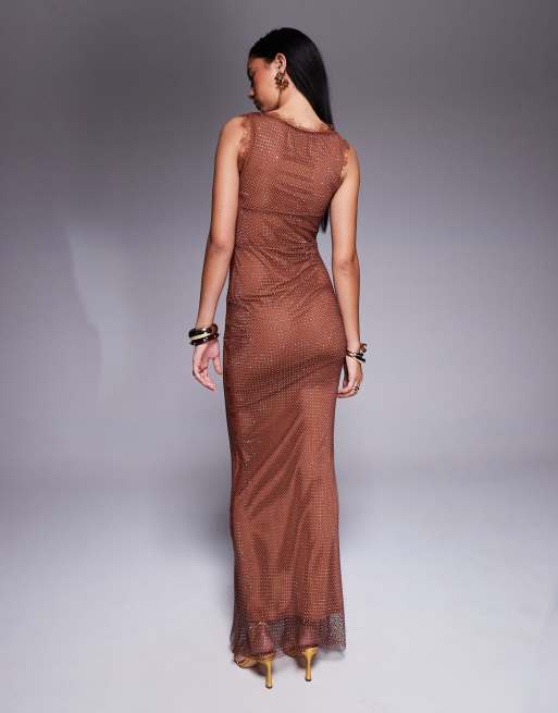 ASOS DESIGN embellished fishnet hotfix maxi dress with super scoop neck and lace trim in chocolate