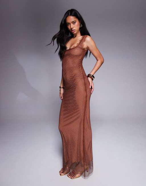 ASOS DESIGN embellished fishnet hotfix maxi dress with super scoop neck and lace trim in chocolate
