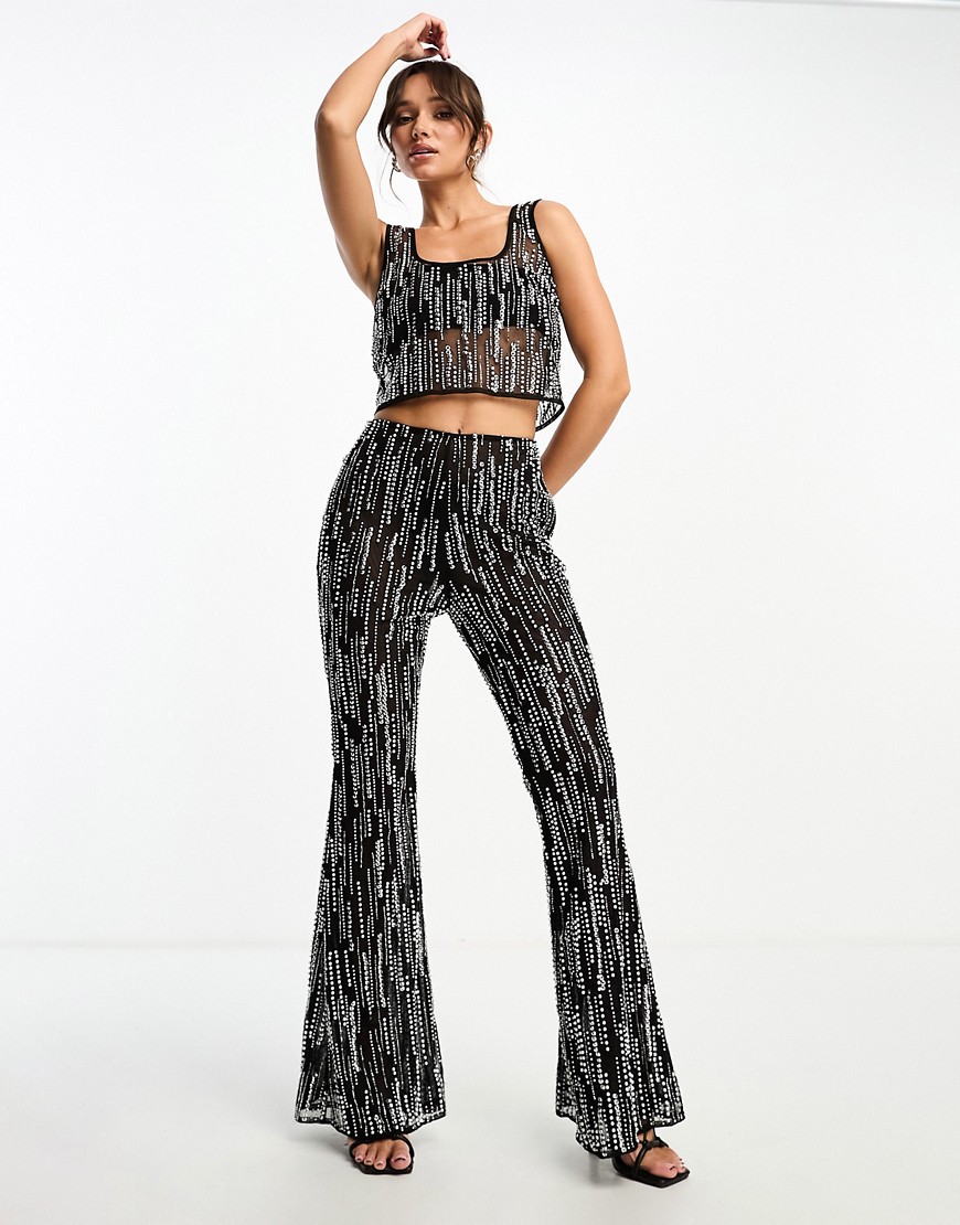 Asos Design Embellished Flare Pants In Black And Silver - Part Of A Set-multi