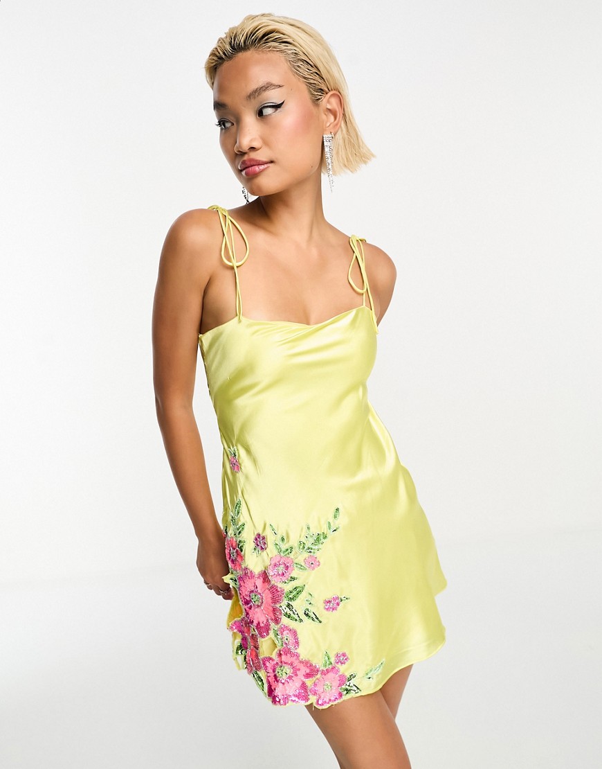 ASOS DESIGN embellished floral applique satin mini dress in yellow