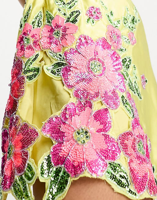 Floral Applique Long Sleeve Satin Plus Mini Dress