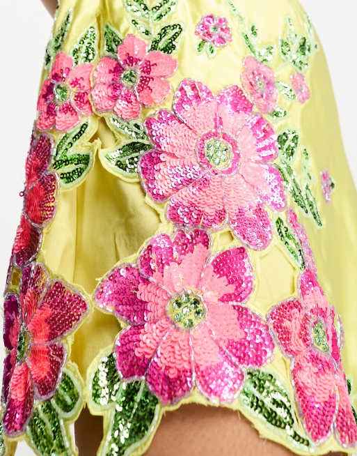 ASOS DESIGN embellished floral applique satin mini dress in yellow