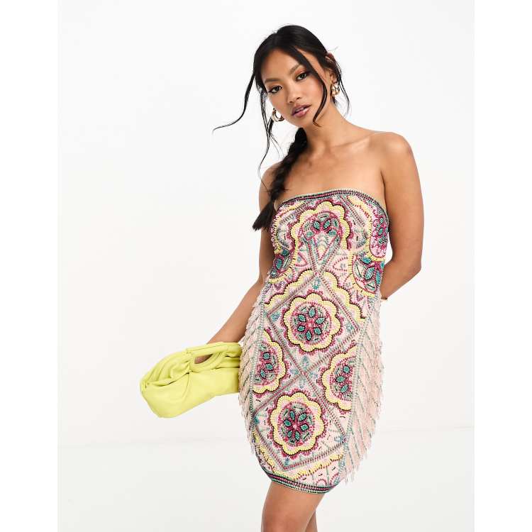 ASOS DESIGN embellished floral bandeau mini dress in multicolor