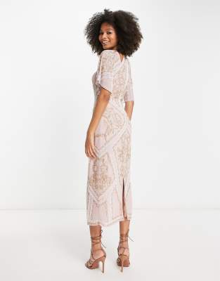 ASOS DESIGN embellished floral flutter sleeve halter midi dress in blush