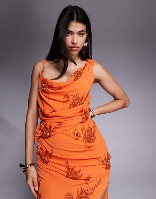 ASOS DESIGN embellished flower drape cutout maxi dress in orange