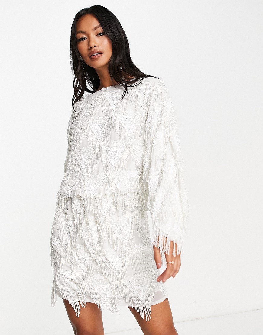 ASOS DESIGN embellished fringe batwing mini dress in white