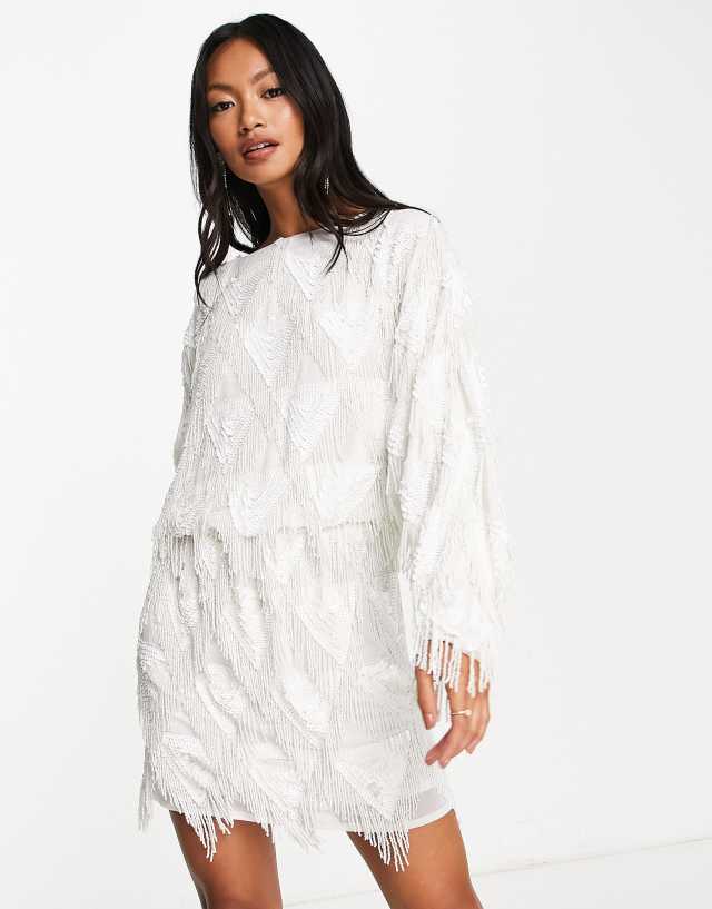 ASOS DESIGN embellished fringe batwing mini dress in white