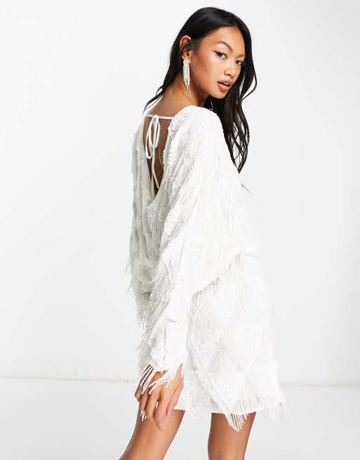 White long cheap sleeve fringe dress