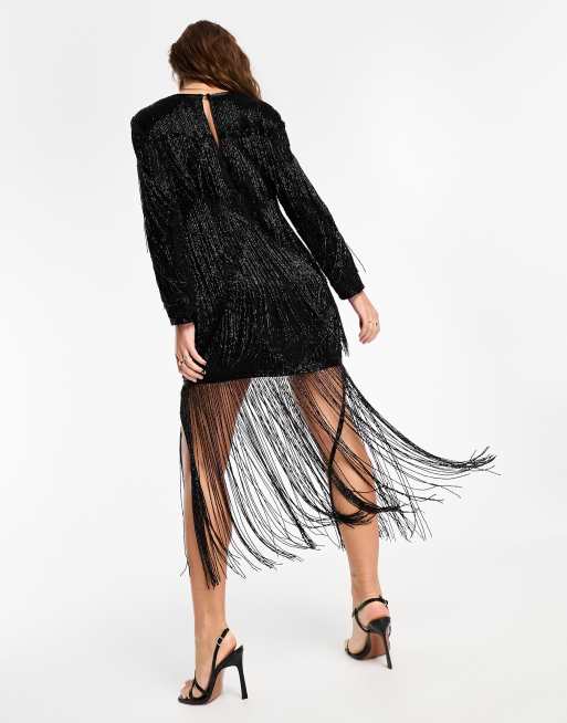 ASOS DESIGN embellished fringe beaded mini dress with beaded hem in black, 3 of 4