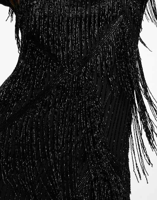 ASOS DESIGN embellished fringe beaded mini dress with beaded hem in black |  ASOS