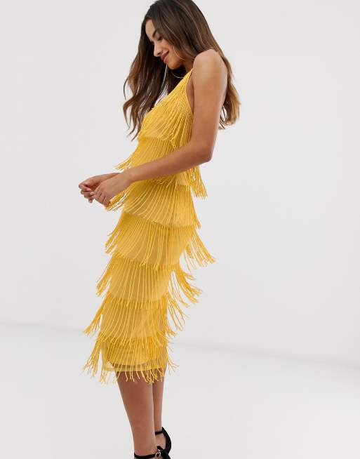 Asos yellow fringe dress sale