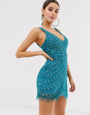 asos design all over embellished fringe mini dress