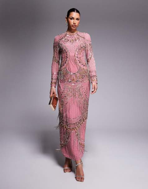 ASOS DESIGN embellished fringe maxi dress in pink
