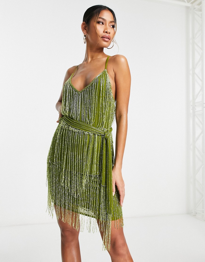 ASOS DESIGN embellished fringe mini dress with tie waist detail in lime-green