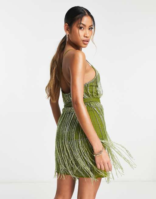 ASOS DESIGN satin halter neck backless mini dress with waist detail in lime