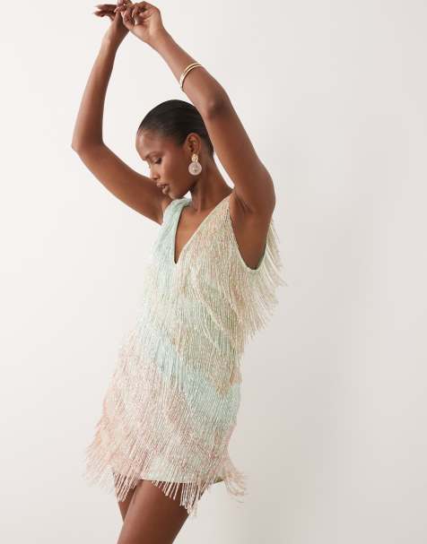 ASOS DESIGN embellished fringe v neck mini dress in turquoise - view 1