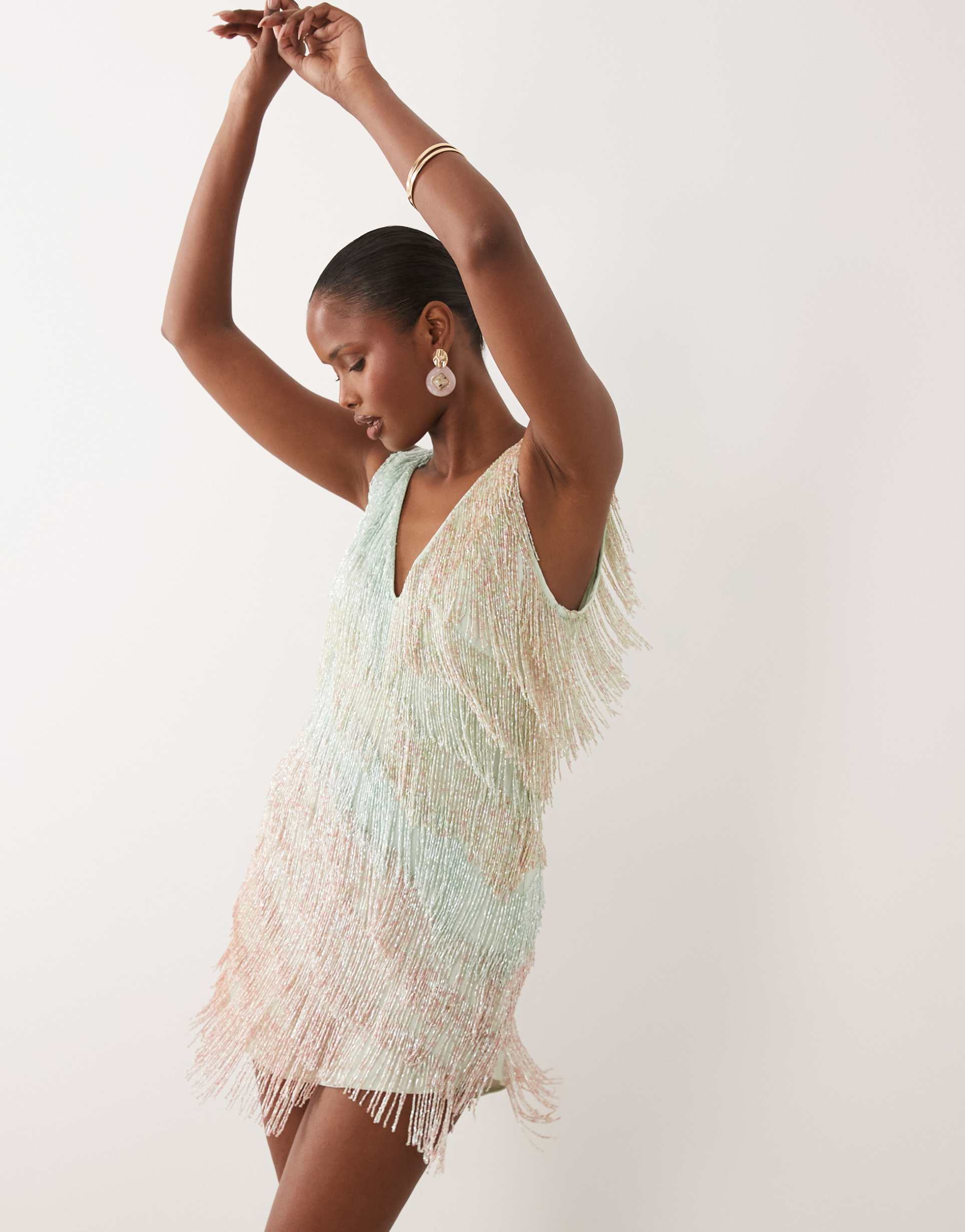 asos design embellished fringe v neck mini dress in turquoise