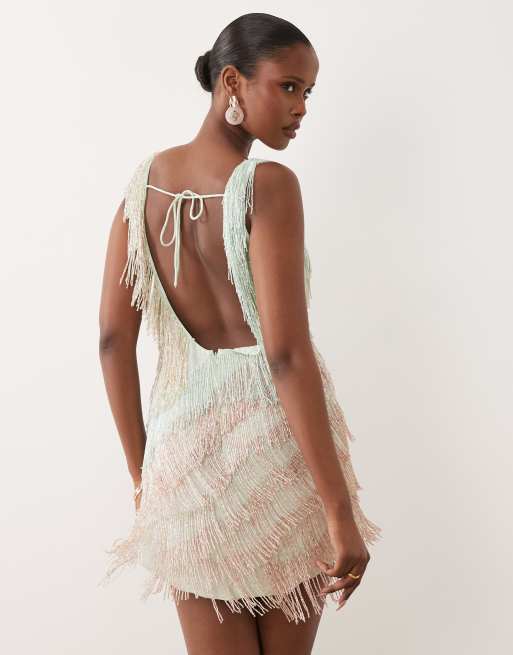 ASOS DESIGN embellished fringe v neck mini dress in turquoise, 4 of 4