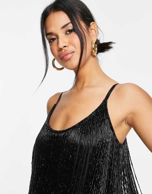 ASOS DESIGN embellished fringed mini dress in black | ASOS