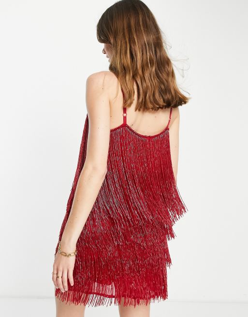 ASOS DESIGN embellished fringed mini dress in red | ASOS