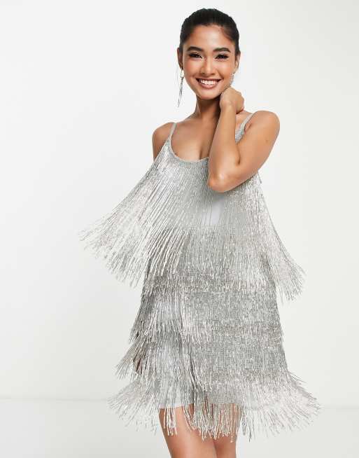 Asos silver fringe dress online