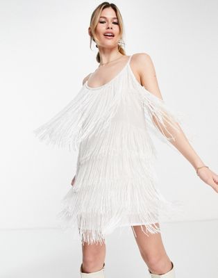 ASOS Design Embellished Fringe Batwing Mini Dress in White