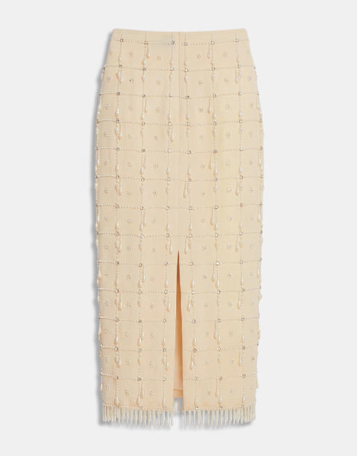 ASOS DESIGN embellished grid and bead fringe midi skirt in cream, 7 of 9