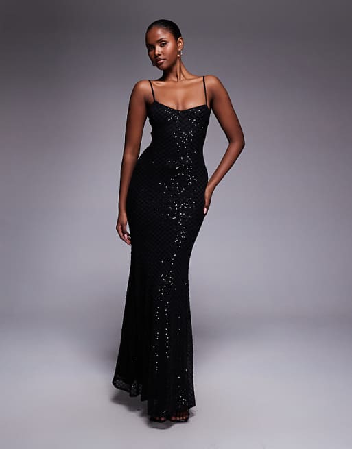 black maxi dress sequin Scala 61353 Long Fitted Sequins Prom - Royal - Sleeveless with Slit Hidden back zipper/clasp ASOS DESIGN embellished grid sequin