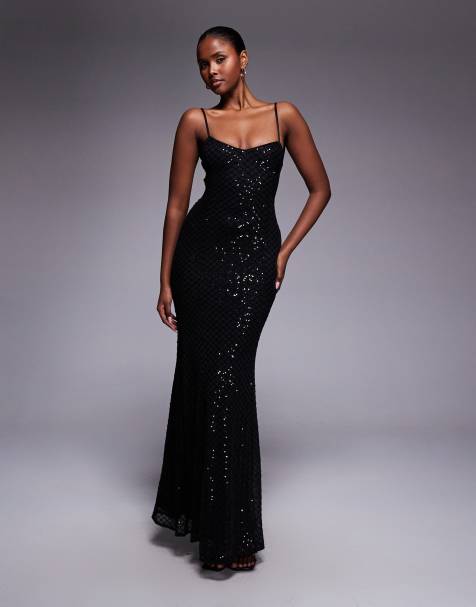 ASOS DESIGN embellished grid sequin lace up back maxi dress in black