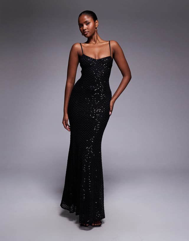 asos black glitter dress DESIGN embellished grid sequin lace up back maxi in Mens Dress Shoes Classic Matching_Pink_Dress out detail and slim Length:REG