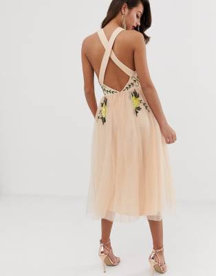 Asos design embellished halter on sale midi dress with floral embroidery