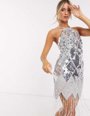 Asos Design Embellished Halter Midi Dress With Pearl Fringe In Silver | ModeSens