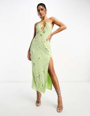 Asos Design Embellished Halter Midi Dress With White Beading Detail In Lime Green