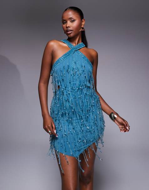 ASOS DESIGN embellished halter mini dress with cut-out waist and pointed hem in blue - view 1