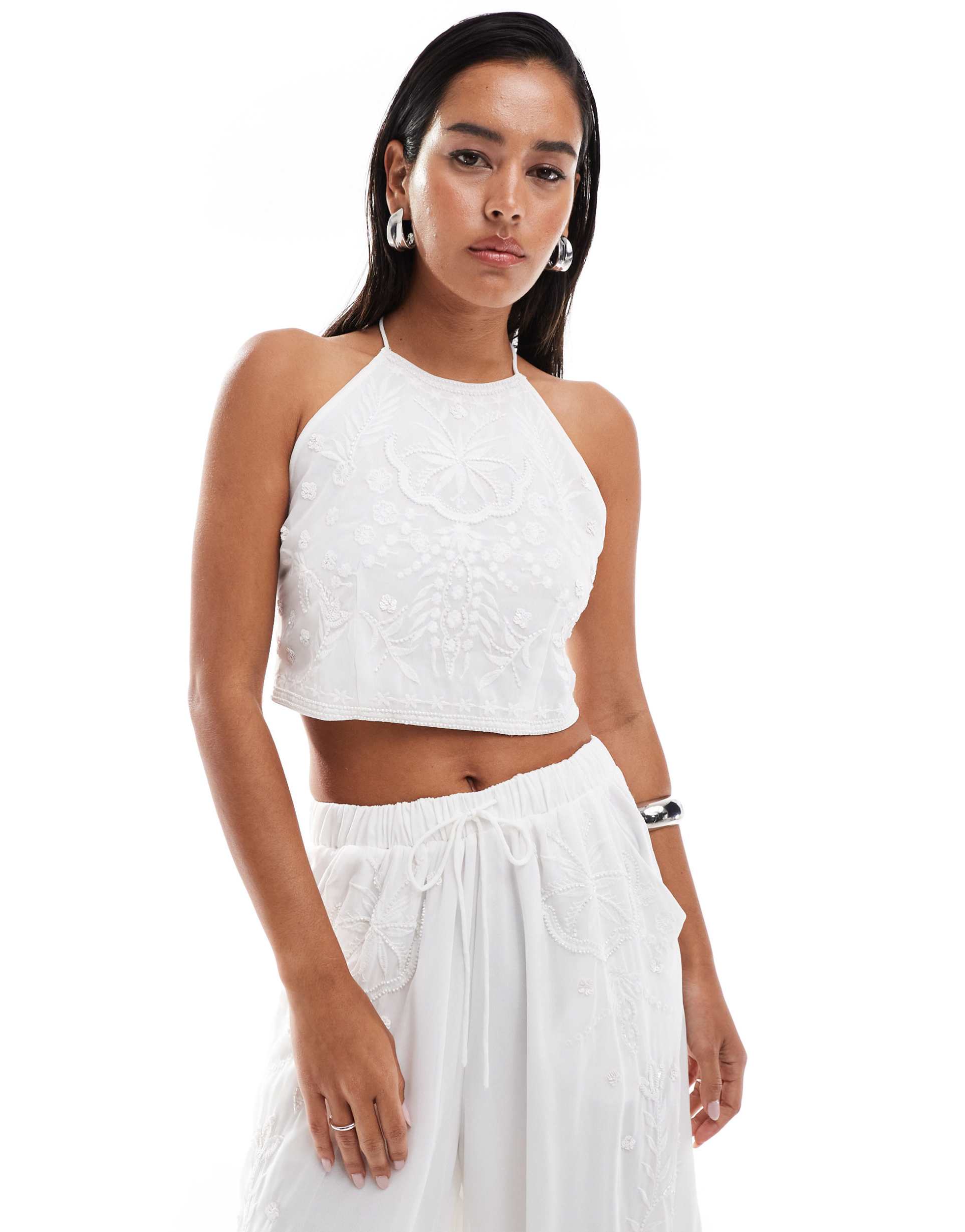 asos design embellished halter neck in white - part of a set