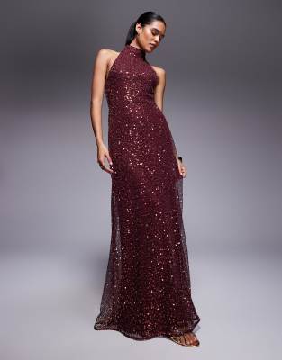 Asos Design Embellished Halterneck Maxi Dress In Brown