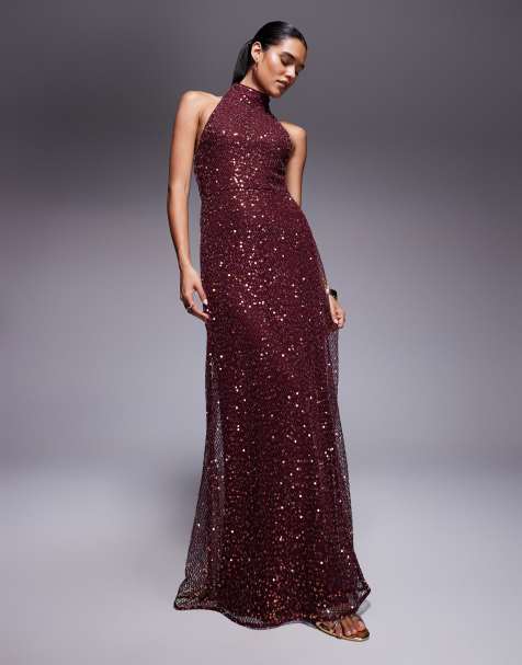 ASOS DESIGN embellished halterneck maxi dress in burgundy - view 1