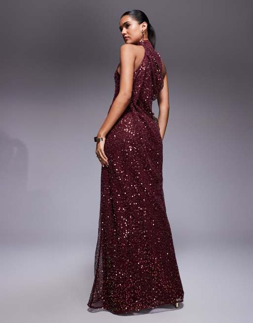 ASOS DESIGN embellished halterneck maxi dress in burgundy