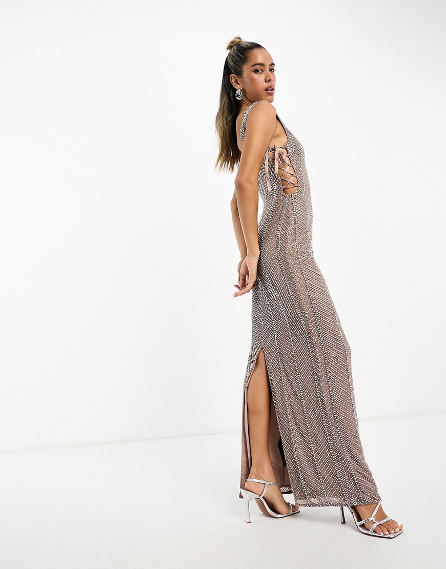 ASOS DESIGN embellished herringbone maxi dress with cut out side detail in silver