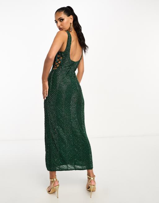 ASOS DESIGN embellished herringbone midaxi dress with cut out side detail  in green